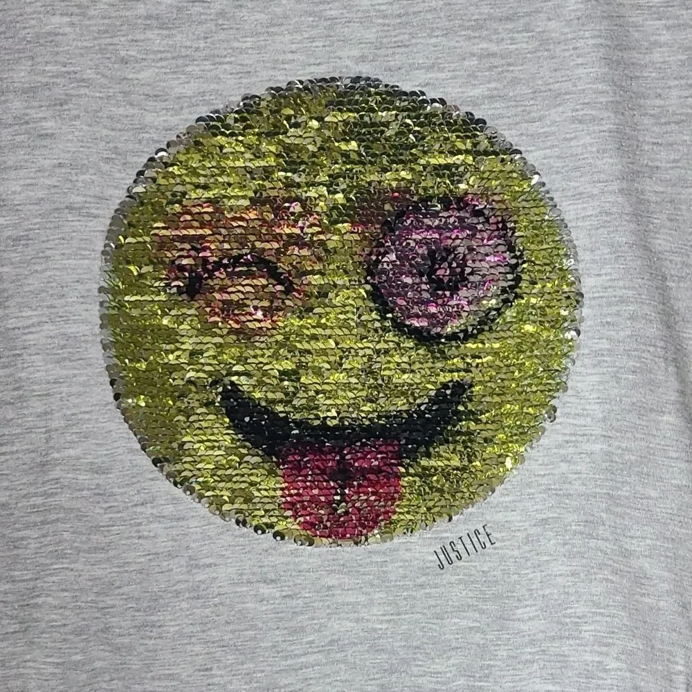 Justice Girls 12 Gray Reverse Sequin Winking Smiley Tee Short Sleeve T-Shirt